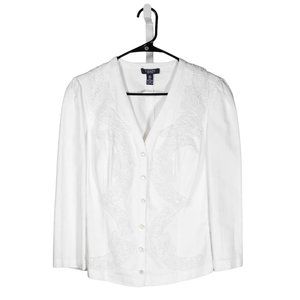 Chaps Ralph Lauren Women's Denim Jacket White Lace Floral Embroidered Blazer M